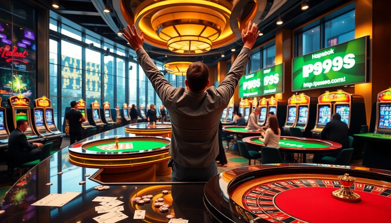 Exciting casino scene at https://ps99seo.com/ with players celebrating their wins at slot machines.
