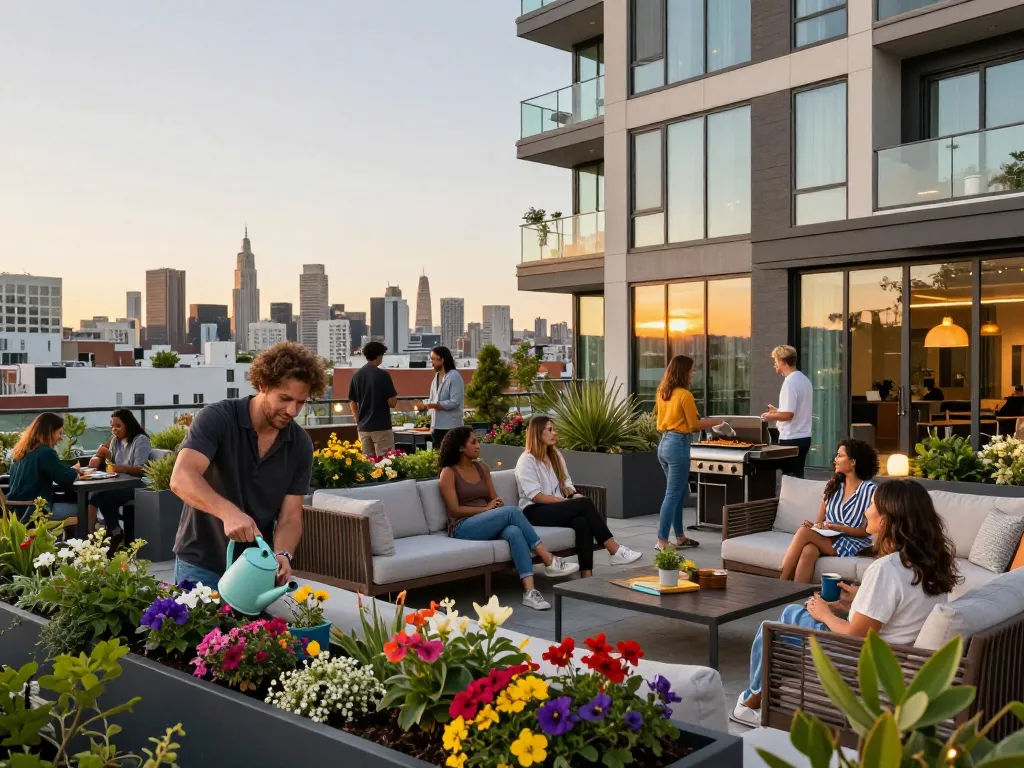 Community rooftop garden at Five88 with residents enjoying sunset, showcasing urban apartment living.