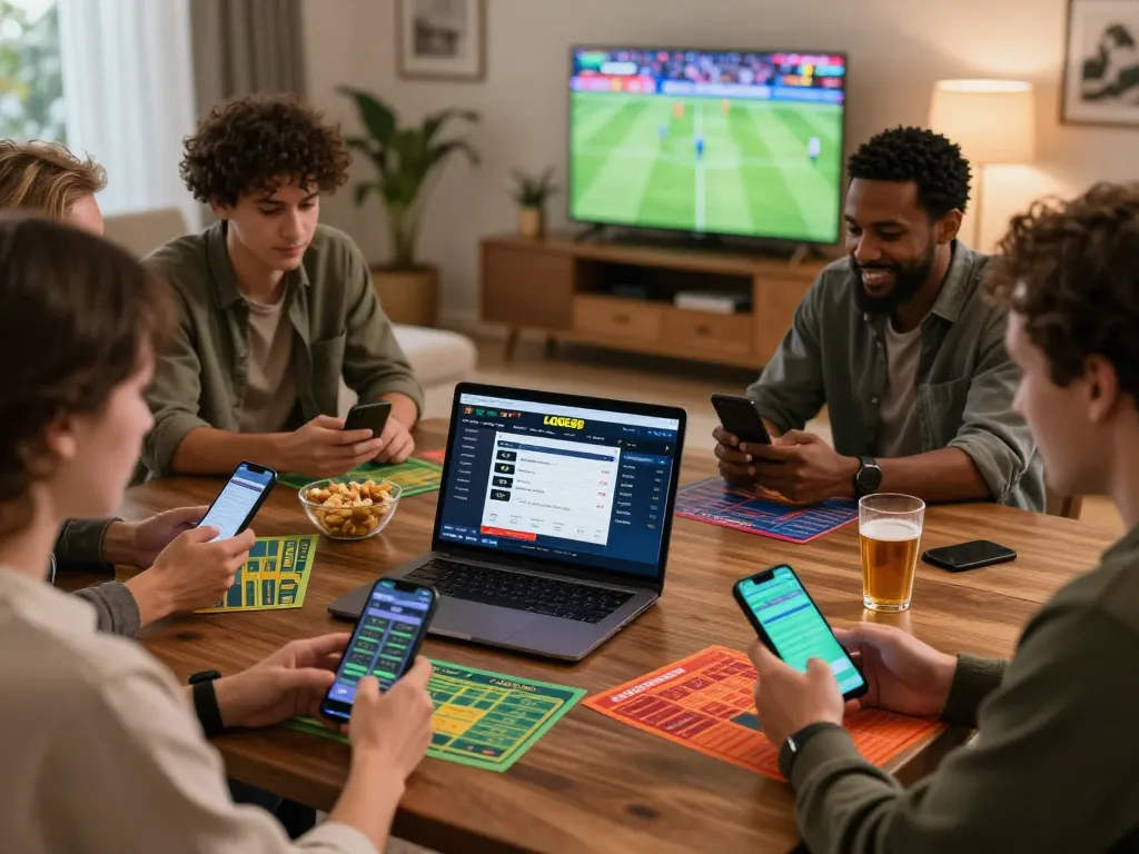 Exciting group engaging in LODE88 sports betting with laptops and mobile devices in a vibrant living room.