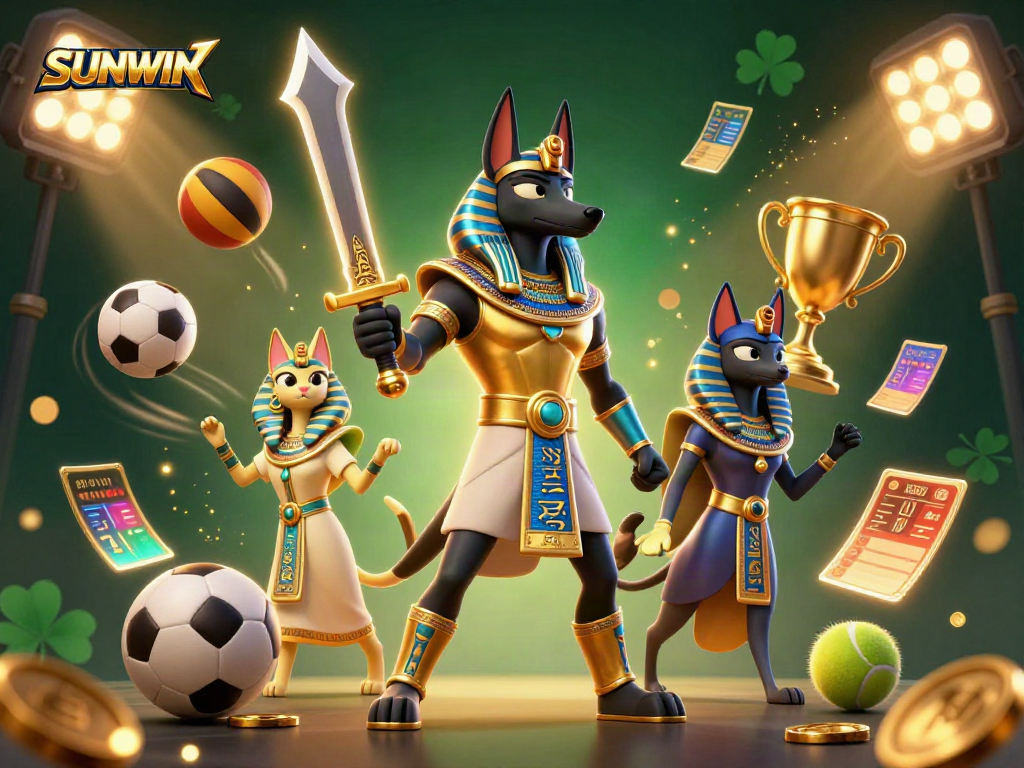 Experience thrill at SUNWIN with Anubis and Bastet, among dynamic sports betting action and glowing symbols.
