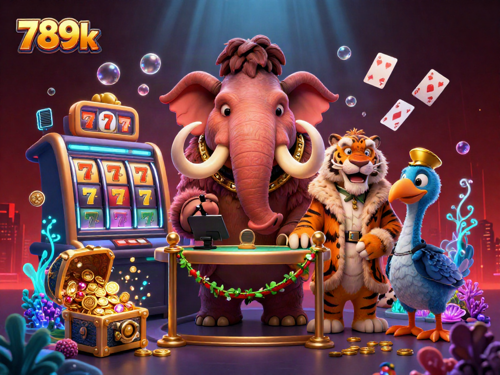 Experience the excitement at 789k with a vibrant casino scene featuring a woolly mammoth bouncer and a saber-tooth tiger.