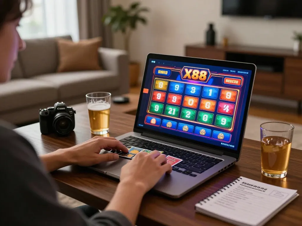 X88 user enjoying a thrilling online slots game in a cozy modern living room setting