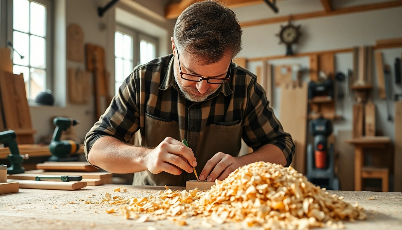 Skilled carpenter shaping wood in a bright workshop, showcasing craftsmanship and attention to detail.