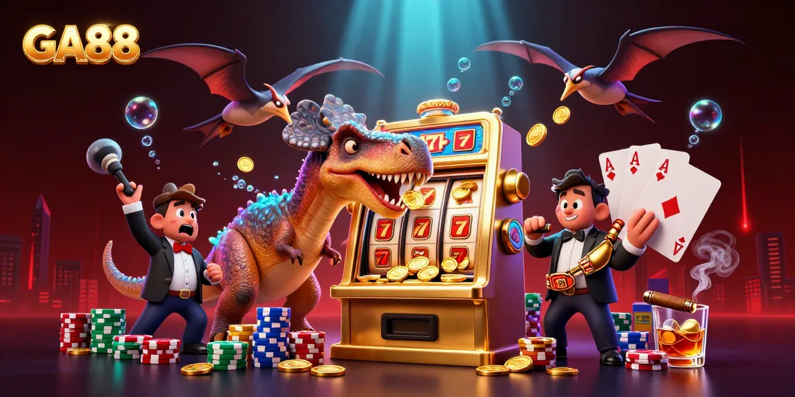 GA88 jackpot scene with dinosaurs, golden coins, and vibrant casino elements