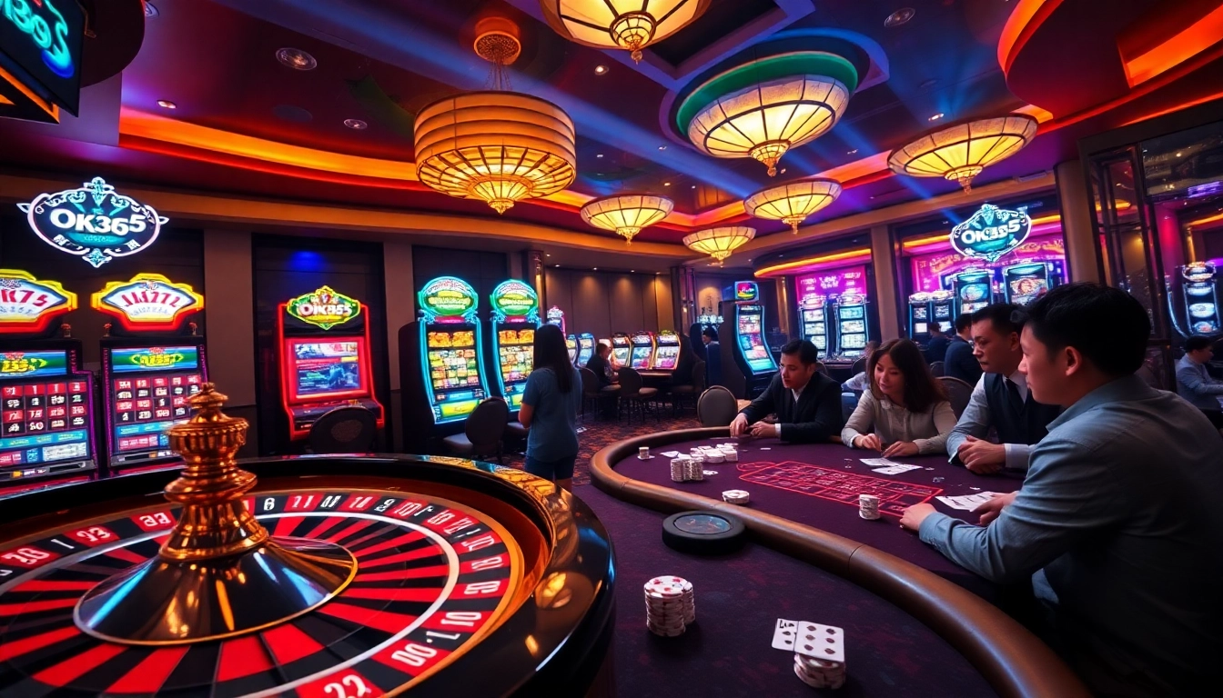 Experience thrilling gameplay at https://ok365.tw/ with a lively casino scene featuring roulette, slot machines, and poker tables.