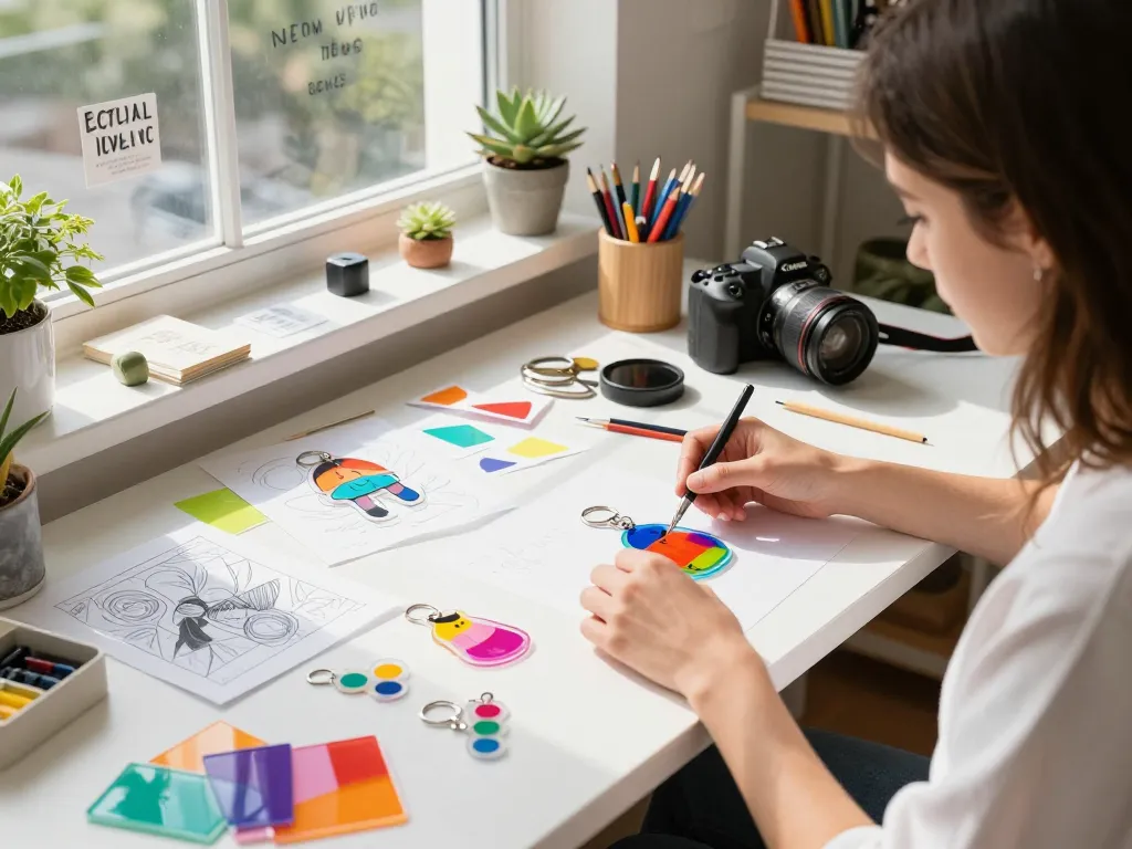 Designer crafting personalized acryl schlüsselanhänger in a bright workspace.