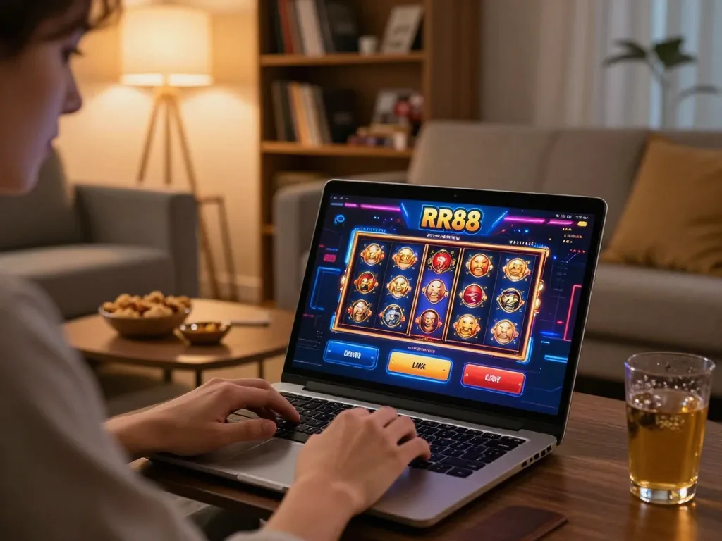Player enjoying RR88 online casino games in a cozy home environment, showcasing strategic gameplay and thoughtful engagement.
