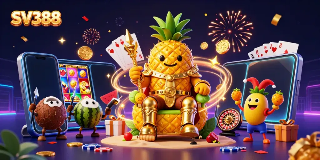 Experience the vibrant SV388 casino world with the golden pineapple king and dynamic casino elements.