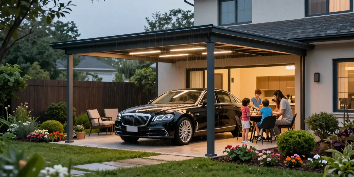 Ein stilvolles Carport schützt das Auto vor Regen, umgeben von einem gepflegten Garten.