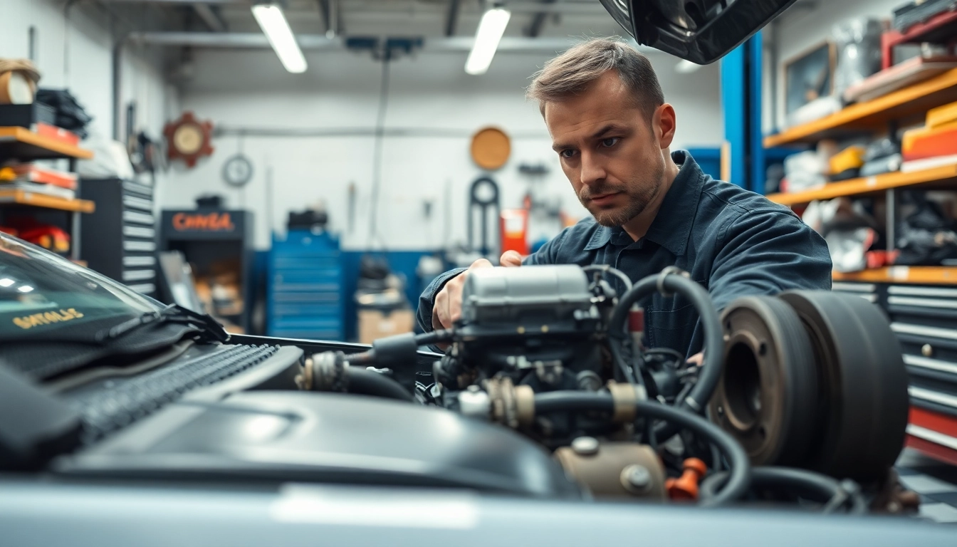 Motorschaden Ankauf: Mechanic examining a damaged engine in a garage.