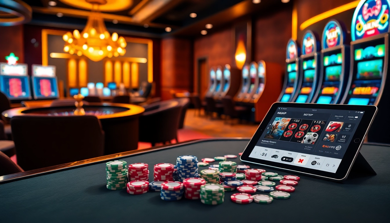 Experience excitement at NHATVIP with vibrant gambling visuals featuring tables and slot machines.