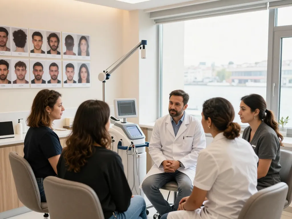 Beratung zur Haartransplantation Istanbul, die verschiedene Patienten mit Ärzten in einer modernen Klinik zeigt.