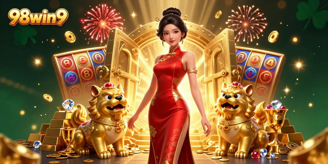 Experience thrilling gameplay with 98win9, featuring a glamorous woman and golden treasures in a vibrant casino