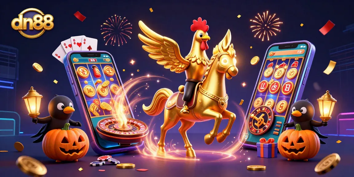 Experience excitement with dn88's vibrant casino scene featuring golden rooster characters and animated slot games.