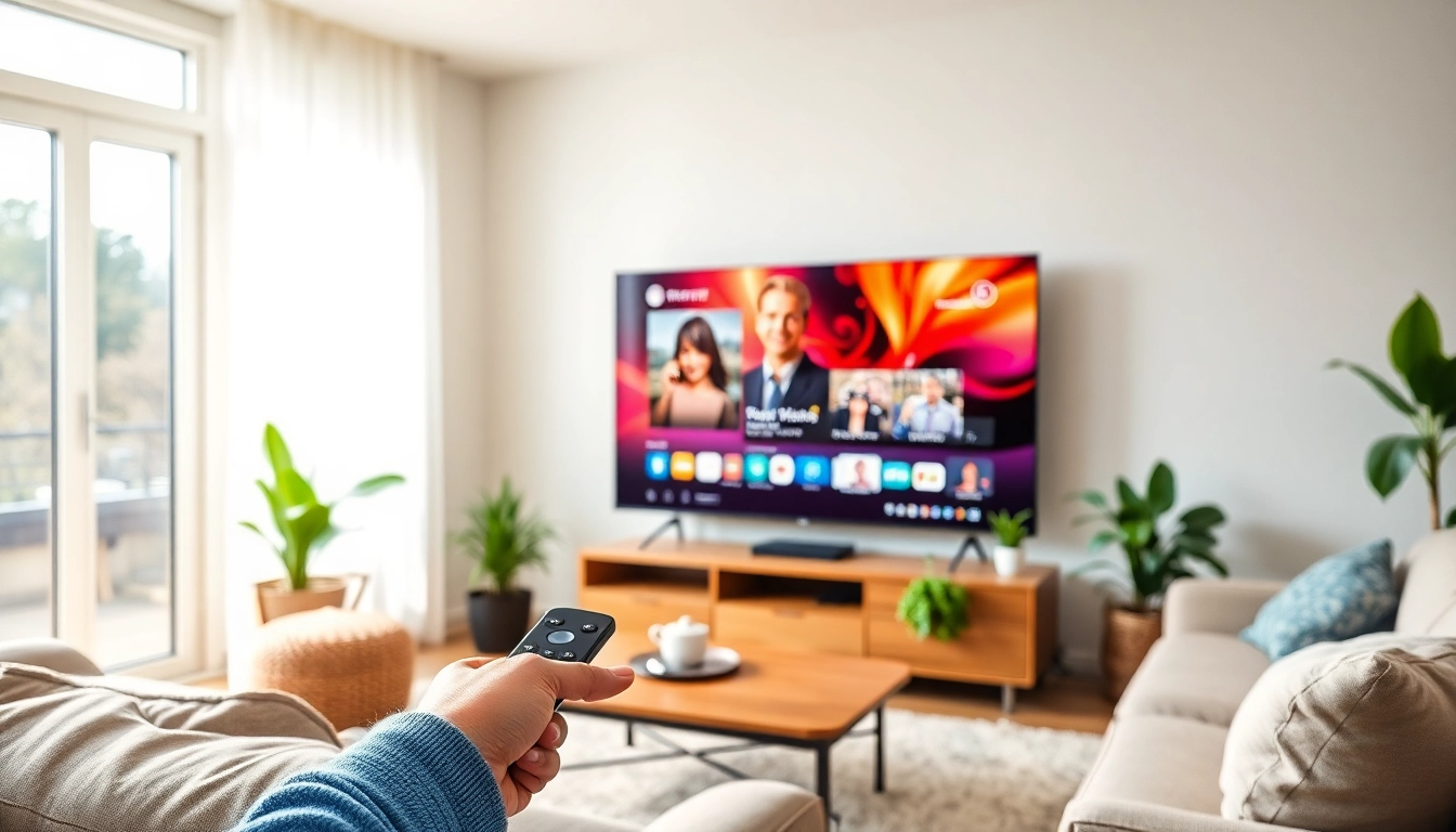 IPTV Paket online, moderne Wohnzimmer mit Smart TV und gemütlicher Atmosphäre.