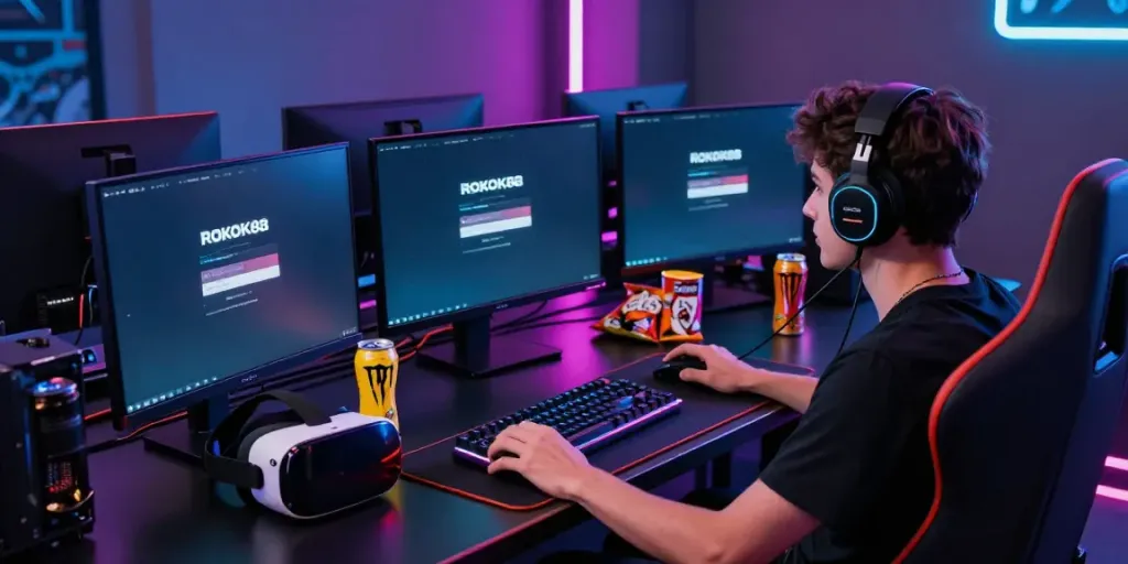 Experience effortless rokok88 login in a vibrant gaming setup with multiple monitors and collectibles.