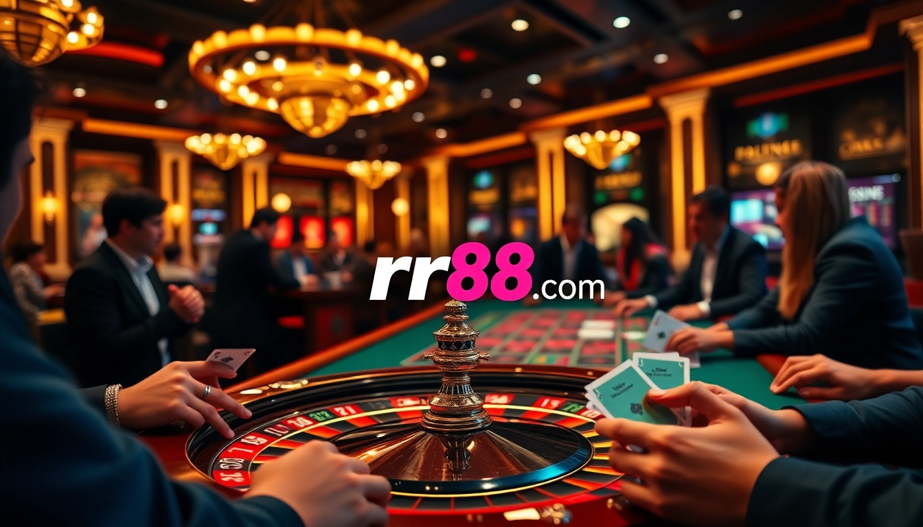 Experience the excitement of rr88 com with a vibrant casino scene featuring roulette and poker action.