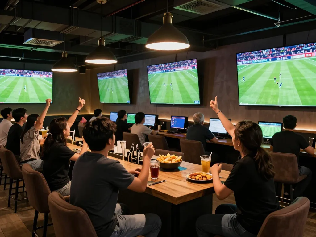 Lương Sơn TV fans enjoying live sports betting atmosphere with screens showing matches and drinks in hand