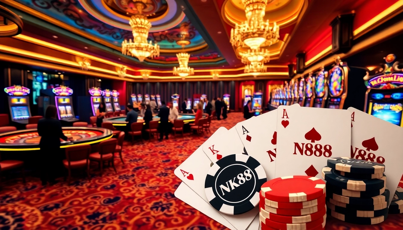 NK88 players enjoying high-stakes poker in a luxurious casino environment, featuring vibrant tables and exciting action.