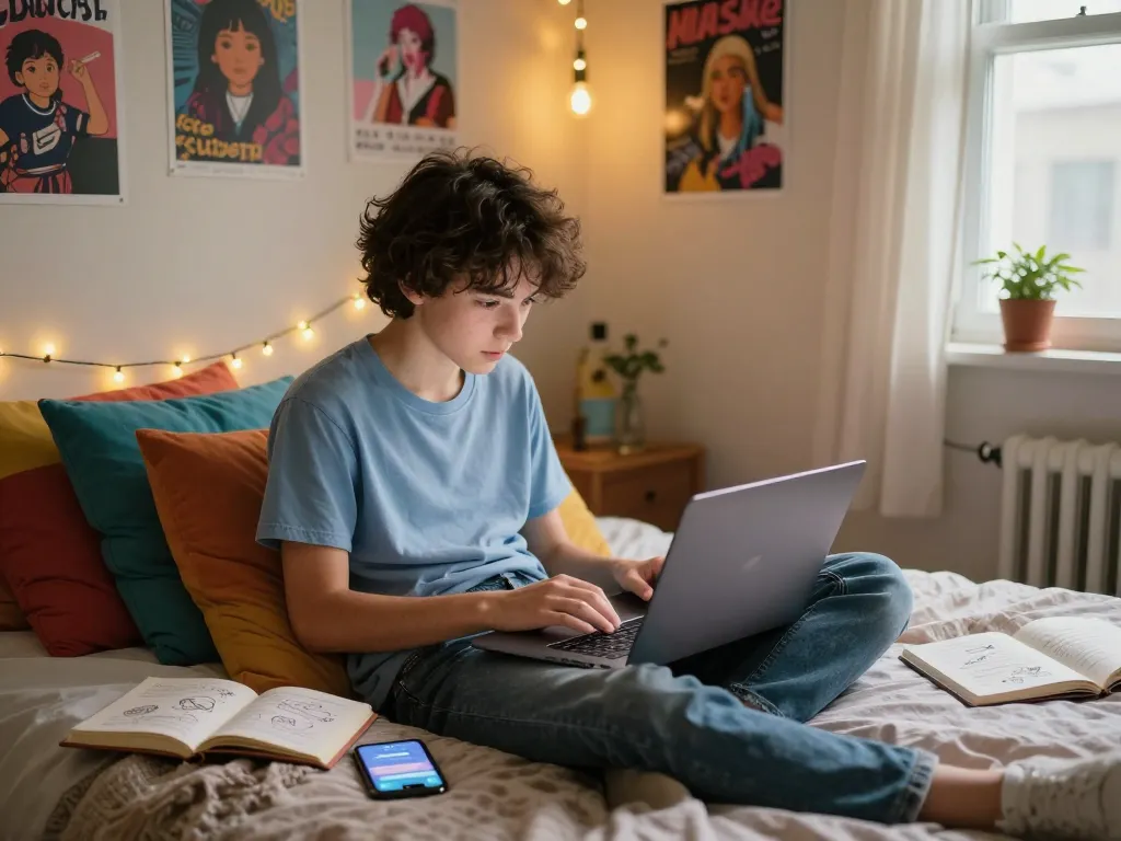 Engaging in sexting AI chat in a cozy youth bedroom with colorful decor.