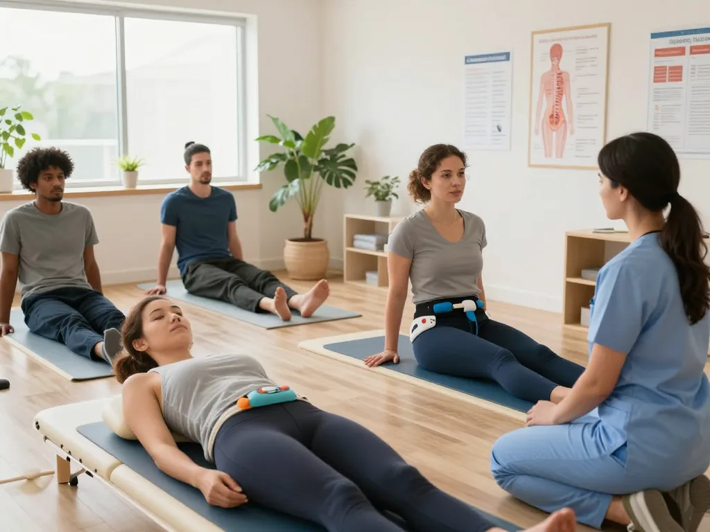 Pelvi-care.de participants learning effective pelvic therapy techniques in a bright clinic.