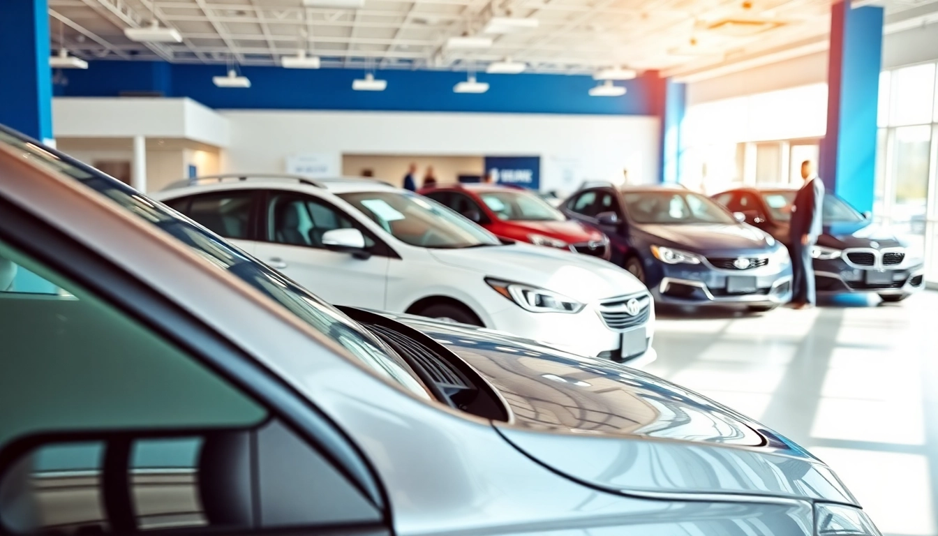Autoankauf im modernen Autohaus mit lächelnden Verkäufern.