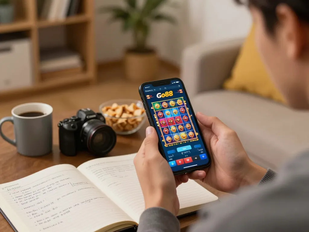 Engaging in mobile gaming on Go88 app with cozy home atmosphere and strategic notes