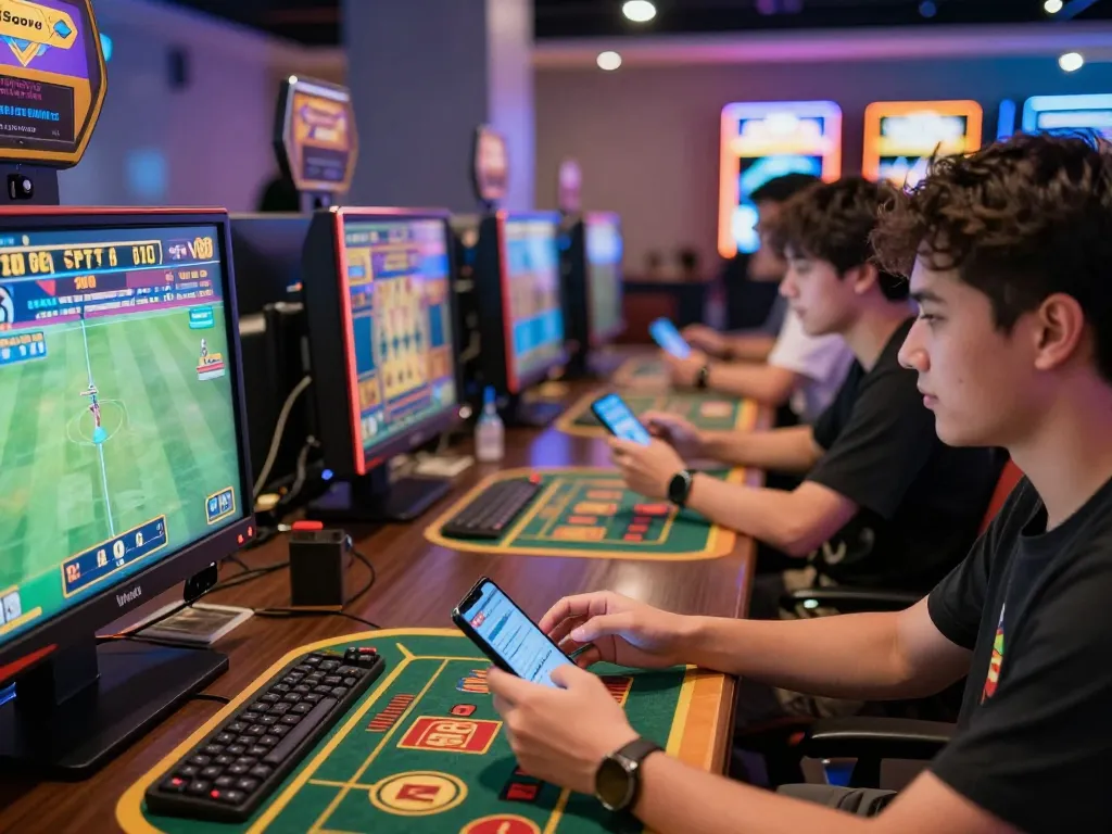 Engaged players enjoying VN88 online betting with vibrant screens and lively atmosphere.