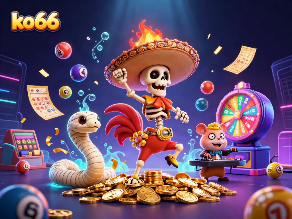 Engage in the fun at ko66 with colorful lottery elements, a mariachi rooster, and exciting gaming vibes.