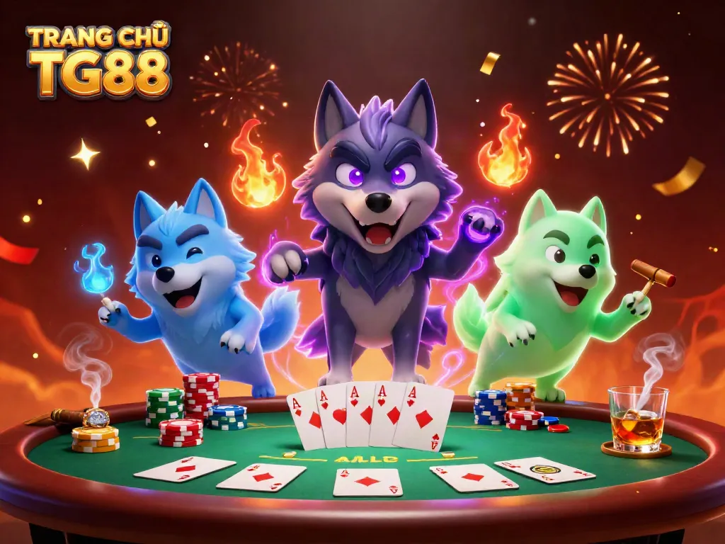 Engage with TRANG CHỦ TG88 as a glowing wolf trio celebrates poker victories amidst vibrant casino scenes.