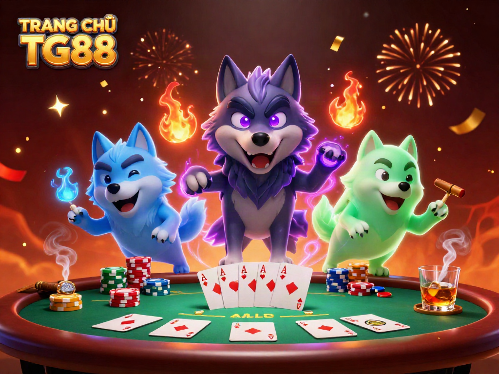 Engage with TRANG CHỦ TG88 as a glowing wolf trio celebrates poker victories amidst vibrant casino scenes.