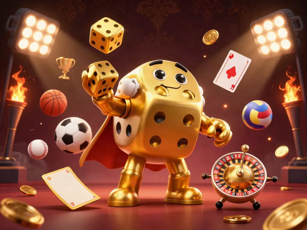 DEBET showcases a lively casino scene with a golden dice golem and dynamic sports elements.