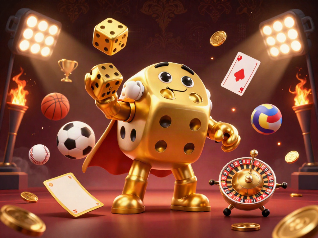 DEBET showcases a lively casino scene with a golden dice golem and dynamic sports elements.