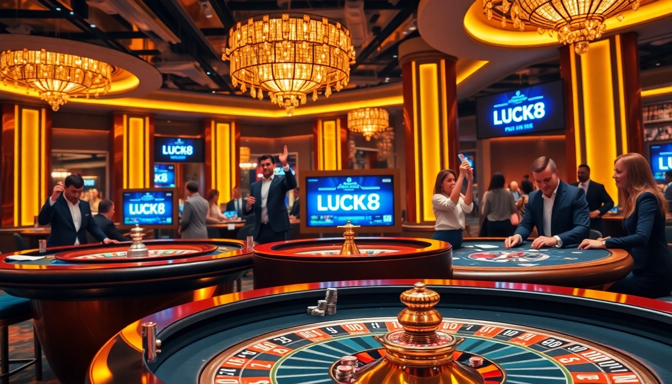 LUCK8 gambling scene with players at roulette and poker tables celebrating wins.