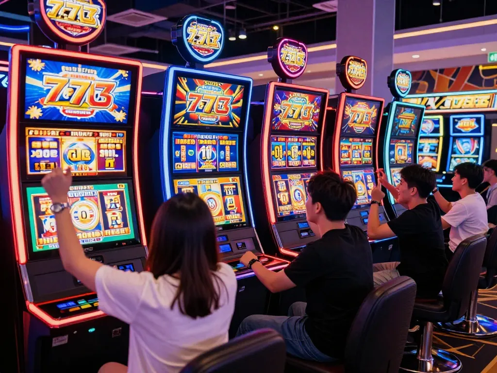 Players celebrating wins at slot777 games in a vibrant online casino atmosphere.