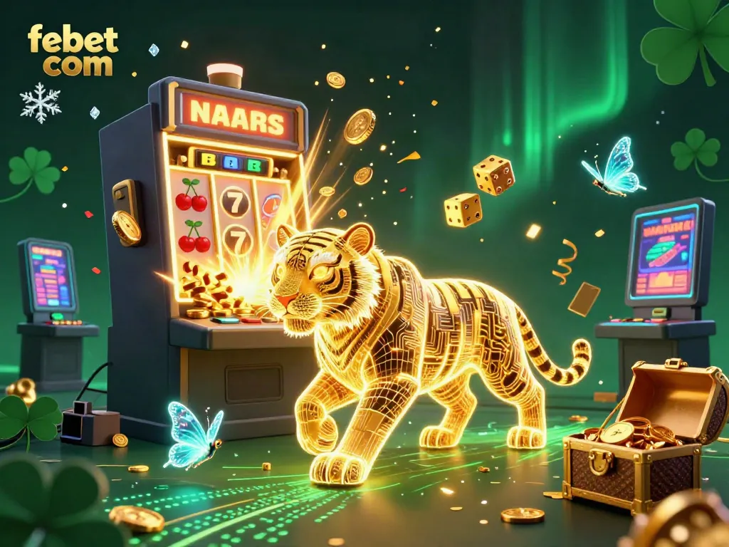 Join the excitement at febet com, where an energetic golden tiger and holographic butterflies explore a vibrant casino world.