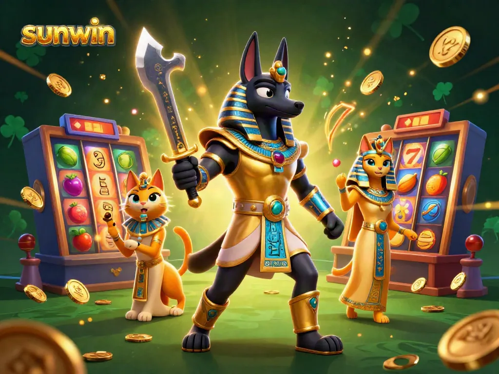 Experience immersive gaming with sunwin featuring Anubis and Bastet in a vibrant casino scene.