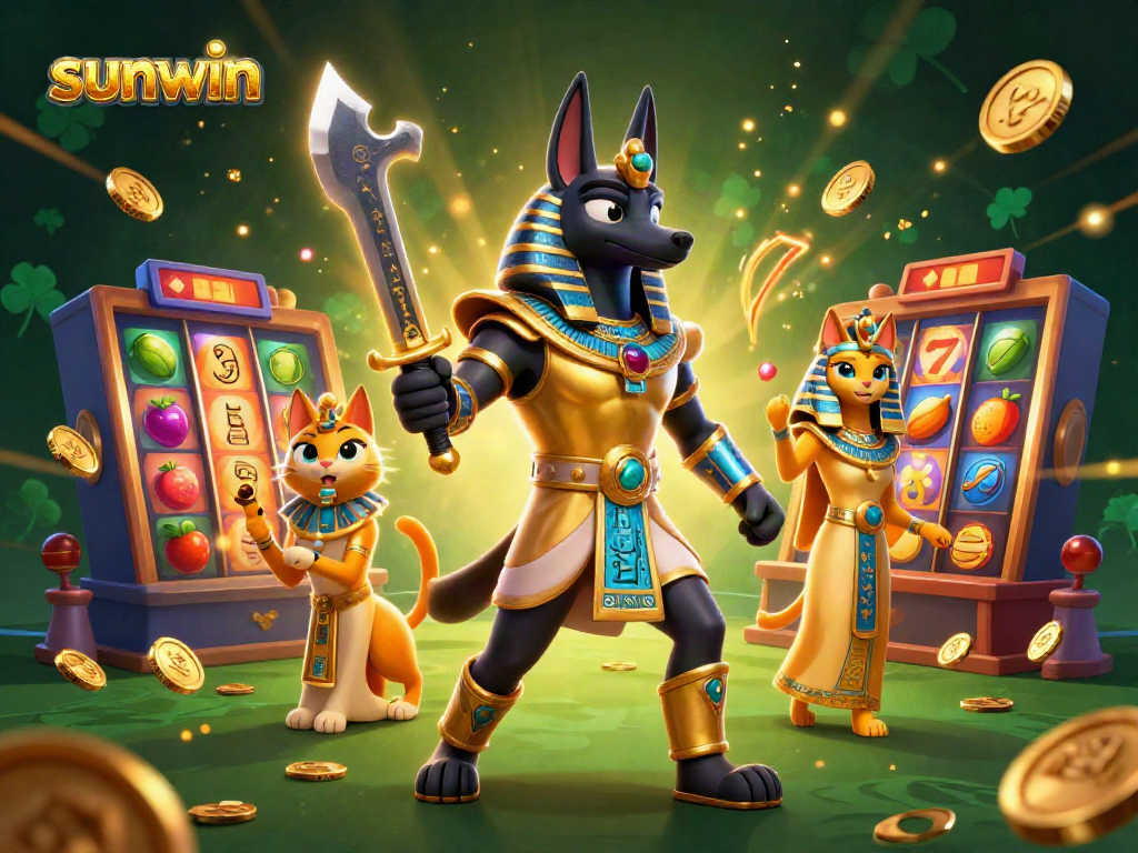 Experience immersive gaming with sunwin featuring Anubis and Bastet in a vibrant casino scene.
