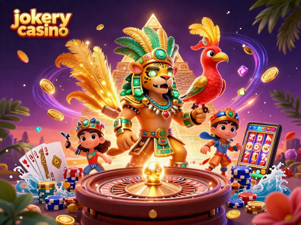 Experience thrilling gaming action at jokery casino with vibrant 3D illustration of Mayan-themed characters and casino elements.