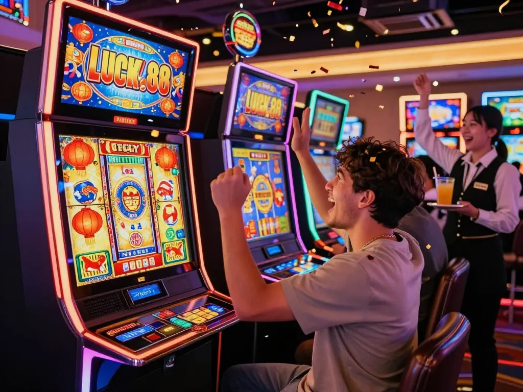 Player winning big on the lucky88 slot machine in a vibrant casino atmosphere filled with neon lights and excitement.