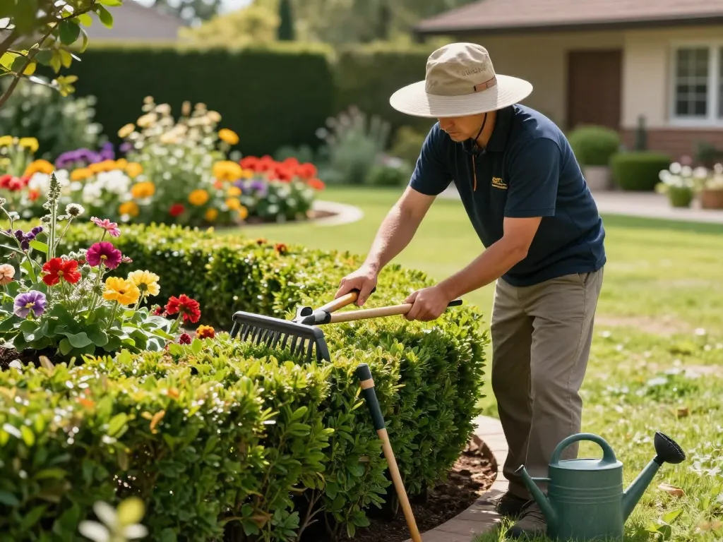 Fachkundige Gartenpflege in Münster & Umgebung, die einen professionellen Gärtner zeigt, der sich um lebendige Hecken und Blumen kümmert.