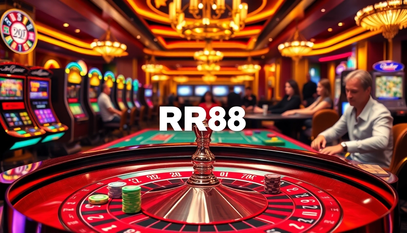 RR88 logo displayed elegantly at a high-stakes casino table with poker chips.