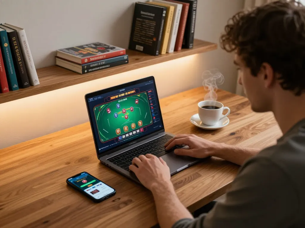 Player strategizing with 78win online poker app on laptop, showcasing detailed gaming environment