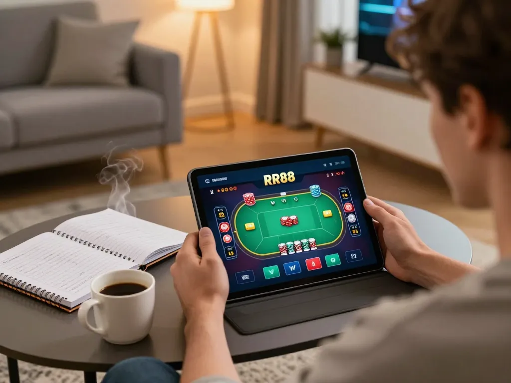 Player engaging with RR88 casino app on tablet, showcasing strategy notes and warm home setting.