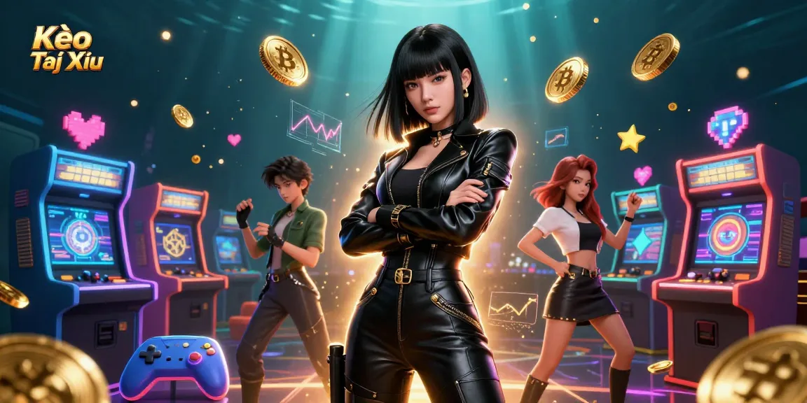Kèo Tài Xỉu illustrated scene with a powerful Asian woman surrounded by vibrant gaming elements and gold coins.