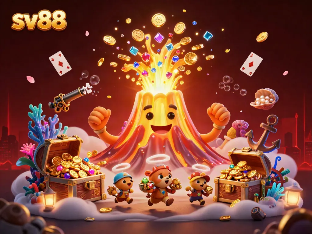Experience excitement at sv88 with a golden volcano treasure eruption and whimsical characters.