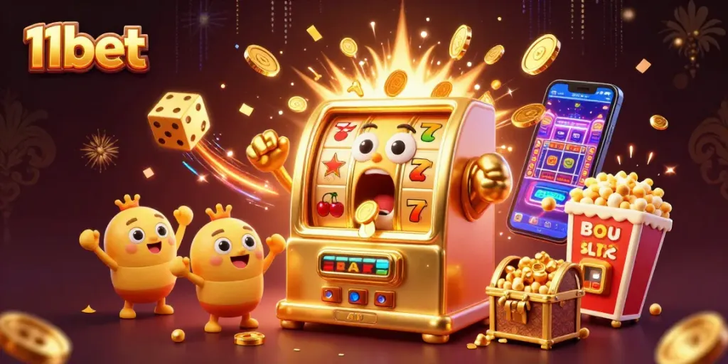 Engage with the thrilling 11bet experience as a golden slot machine celebrates its jackpot victory.