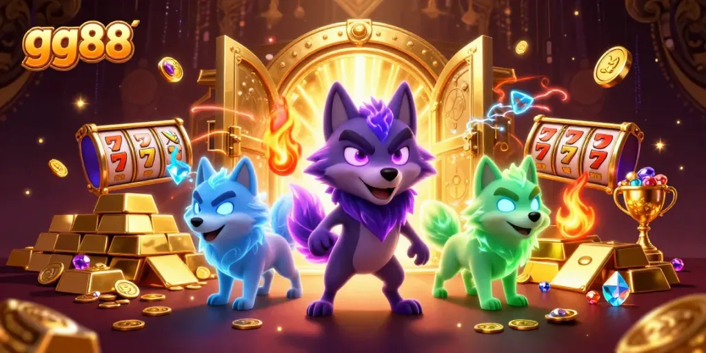 Experience the thrilling world of gg88 with a vibrant 3D casino scene featuring a mystical wolf pack and dynamic game elements.