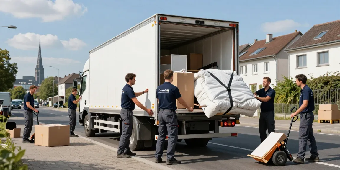 Umzugsunternehmen Ludwigshafen: Professionelle Umzugshelfer beim Beladen eines Fahrzeugs in der Stadt.