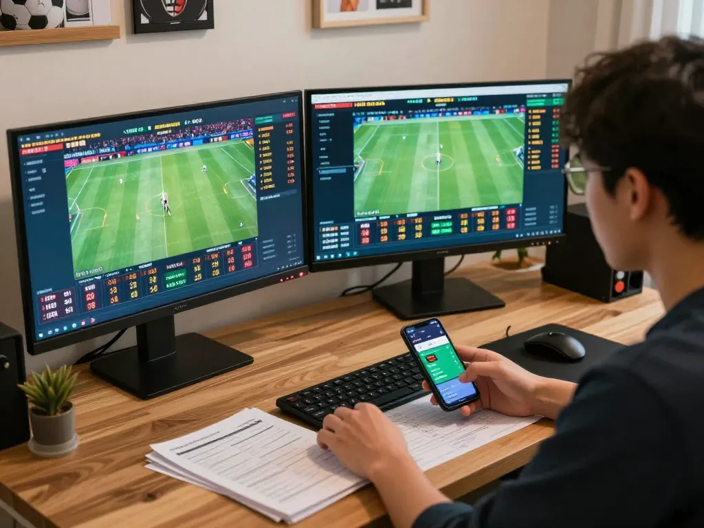 Engaged bettor analyzing ty le keo nha cai on multiple screens in a modern home office setting.